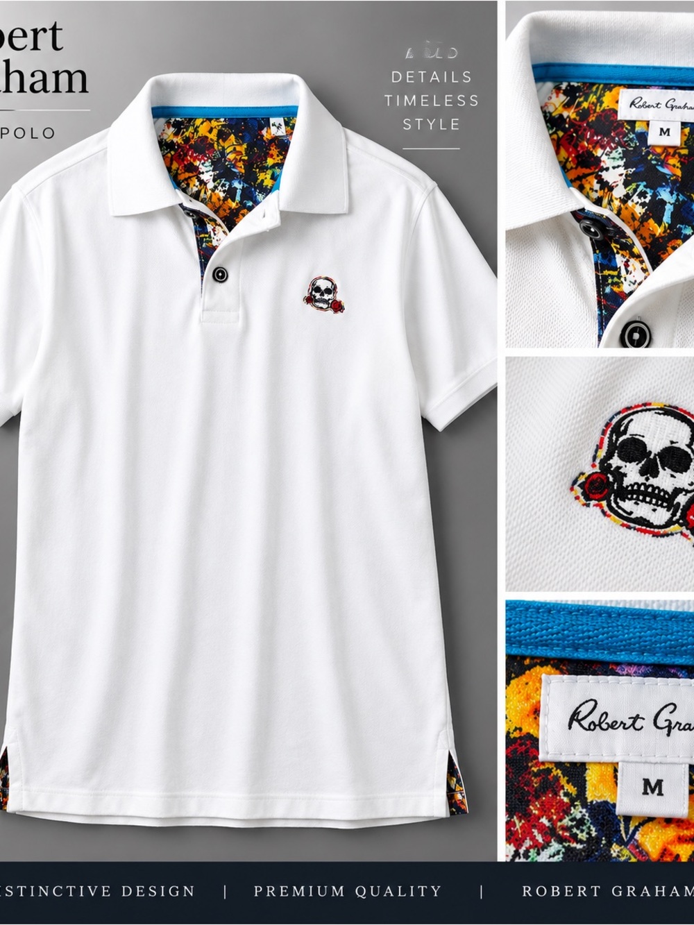 Robert Graham White Polo with Multicolor Contrast and Skull Embroidery